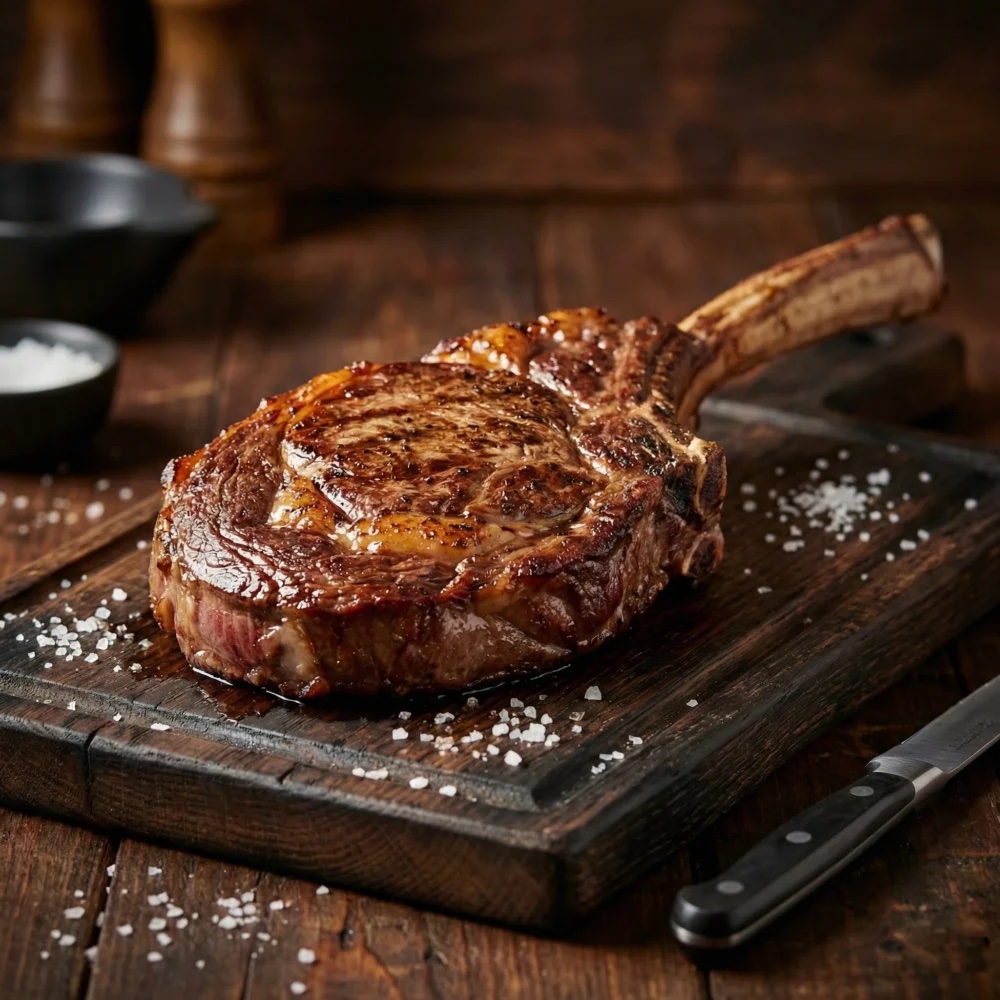 Tomahawk de bœuf Angus grillé, os long, sur planche en bois
